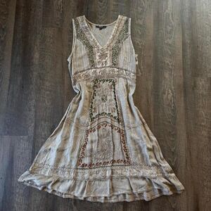 Vintage Boho Embroidered Mini Dress Earth Tone Cottagecore Festival Dress